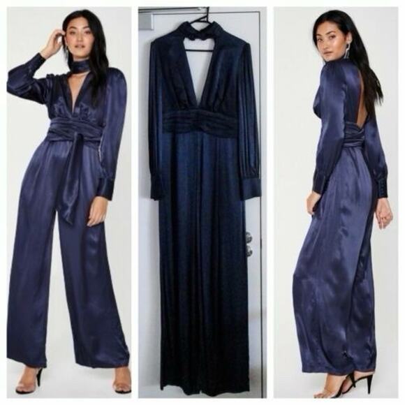 Sheike Satin Long Sleeve Choker Jumpsuit Women AU 14 Blue Wide Legs NWOT - Picture 2 of 9